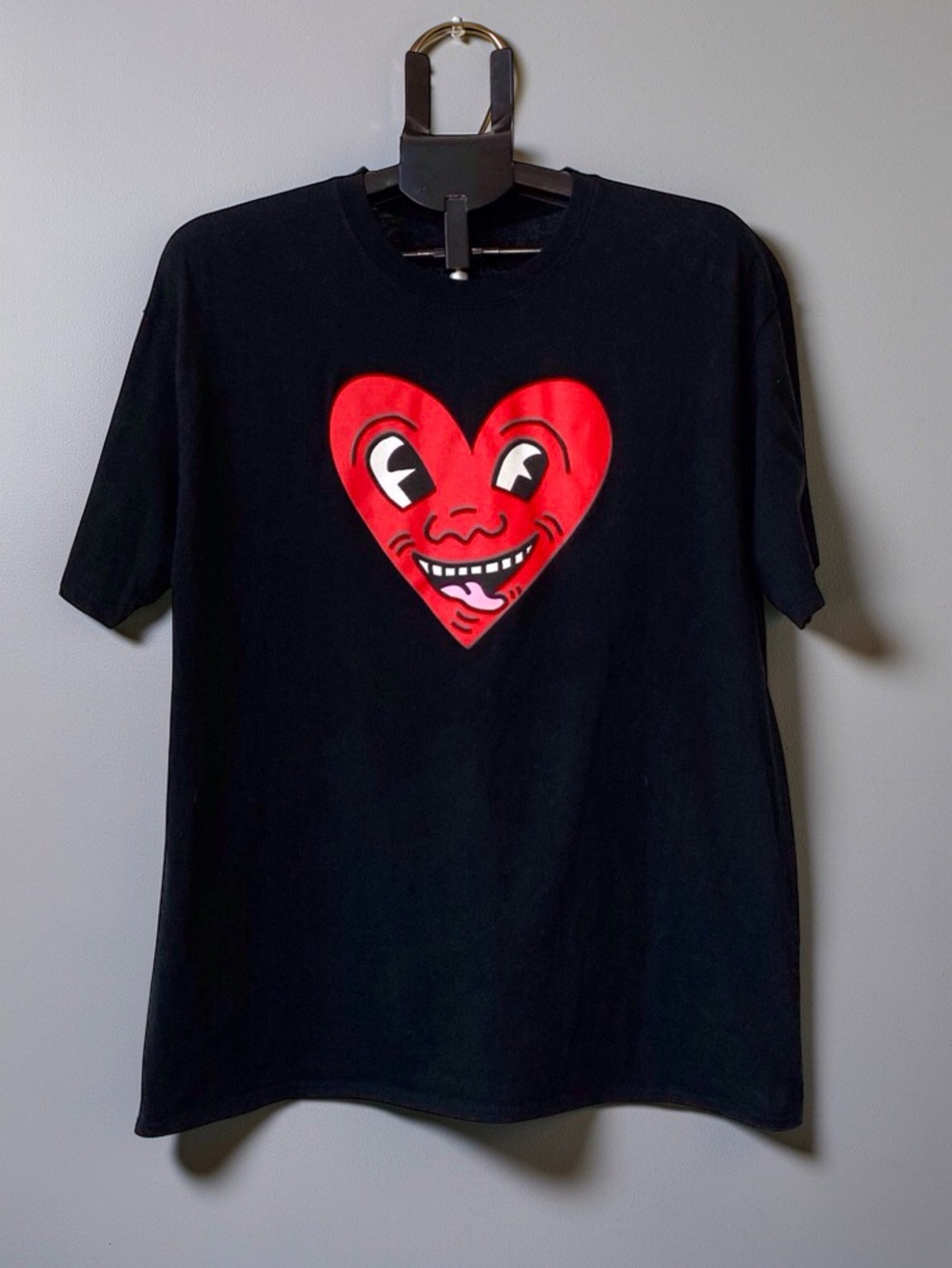 Keith Haring Red Heart Face Graphic T-Shirt Mens XL Black Streetwear